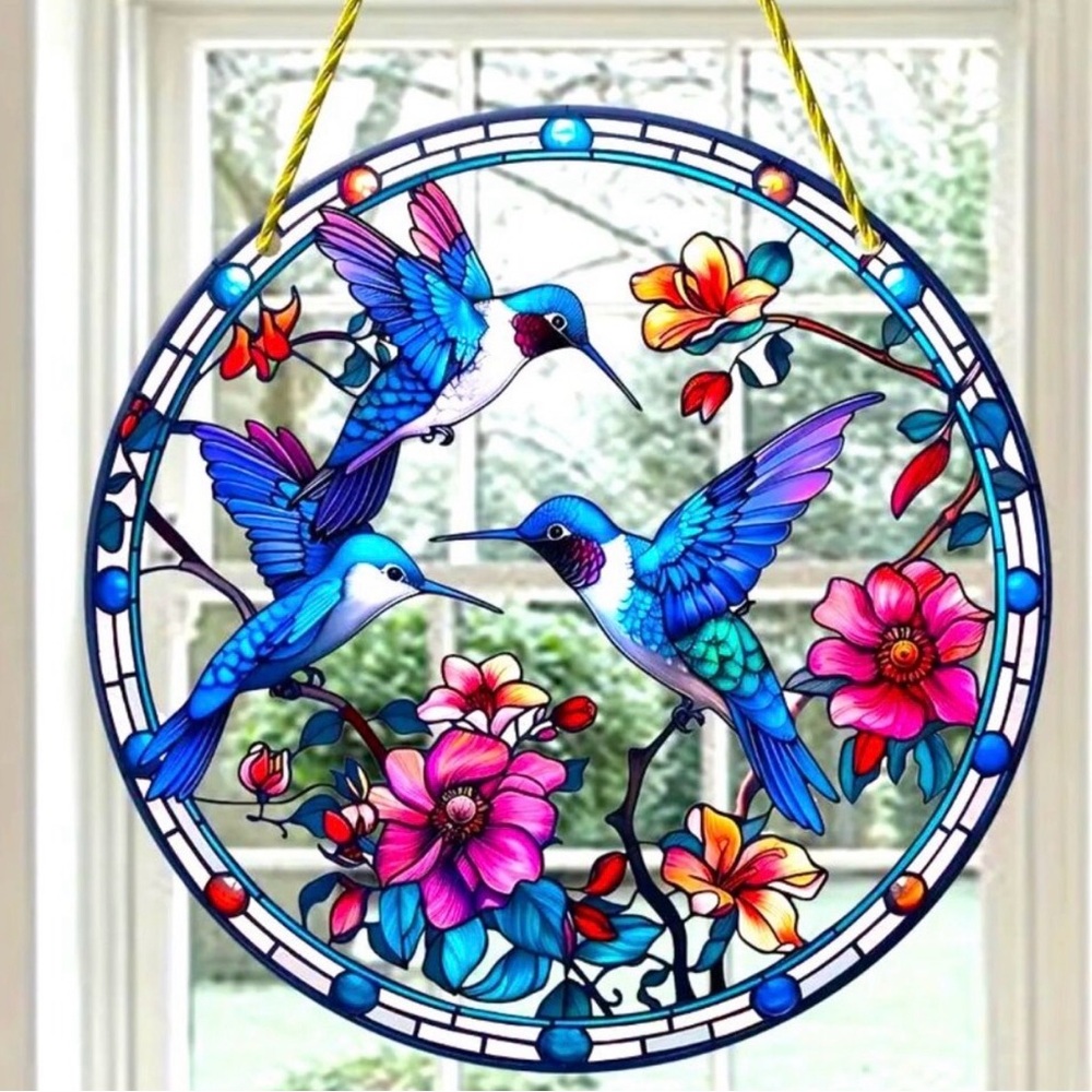 Hummingbird Flowers-Glass like,Hanging Window Art decor Colorful In/Outdoor